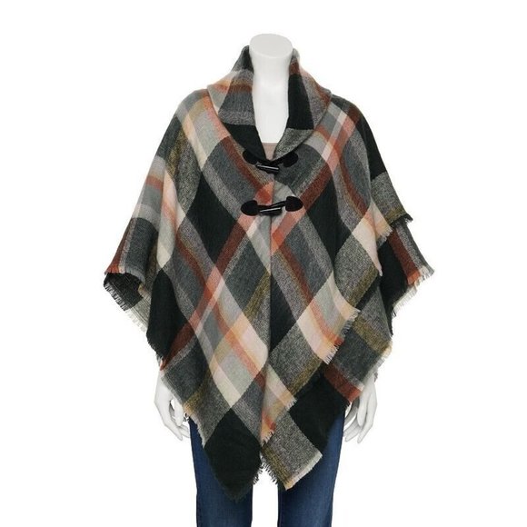 Apt. 9 Sweaters - Apt. 9 Poncho Sweater Plaid Toggle Flannel Fray Hem NWT